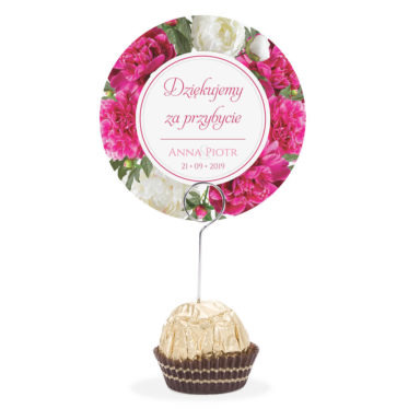 Winietka weselna na stół metalowa szpilka podziękowanie biało różowe piwonie