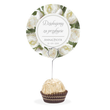 Winietka weselna na stół metalowa szpilka podziękowanie biała piwonia