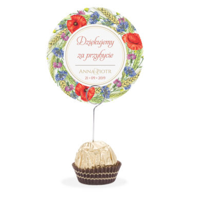 Winietka weselna na stół metalowa szpilka podziękowanie kwiaty polne kolorowe