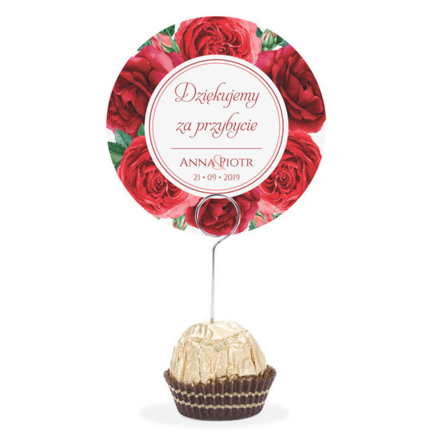 Winietka weselna na stół metalowa szpilka podziękowanie czerwone róże