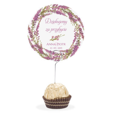 Winietka weselna na stół metalowa szpilka podziękowanie wrzos