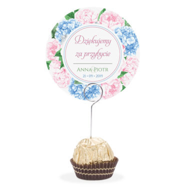 Winietka weselna na stół metalowa szpilka podziękowanie piwonia hortensja