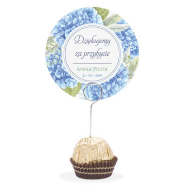 Winietka weselna na stół metalowa szpilka podziękowanie niebieska hortensja