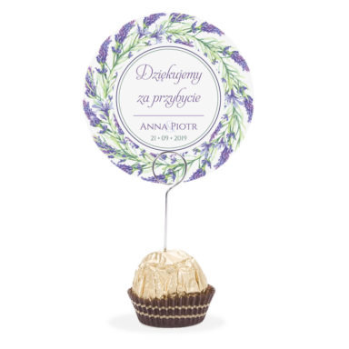 Winietka weselna na stół metalowa szpilka podziękowanie lawenda