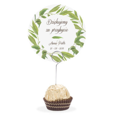 Winietka weselna na stół metalowa szpilka podziękowanie liście eukaliptusa