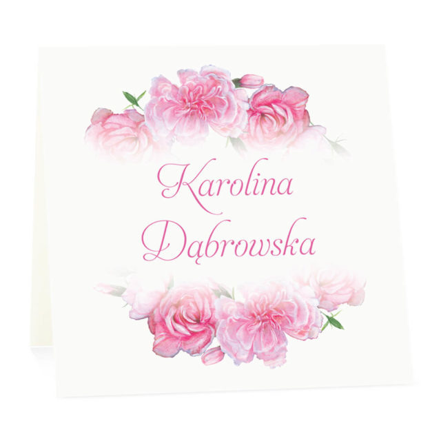 Winietka weselna na stół wizytówka podziękowanie personalizacja różowe goździki