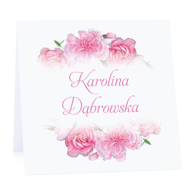 Winietka weselna na stół wizytówka podziękowanie personalizacja różowe goździki