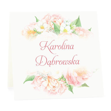 Winietka weselna na stół wizytówka podziękowanie personalizacja frezje piwonie