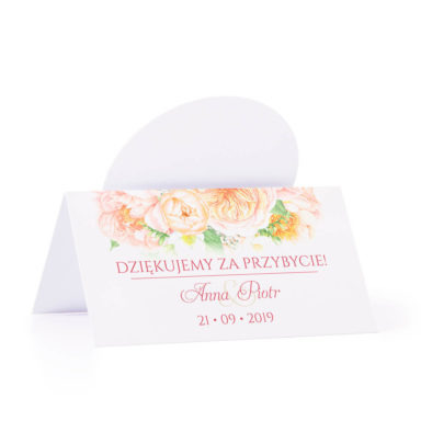 Winietka weselna na stół z motywem kwiatowym frezje piwonie kolorowe