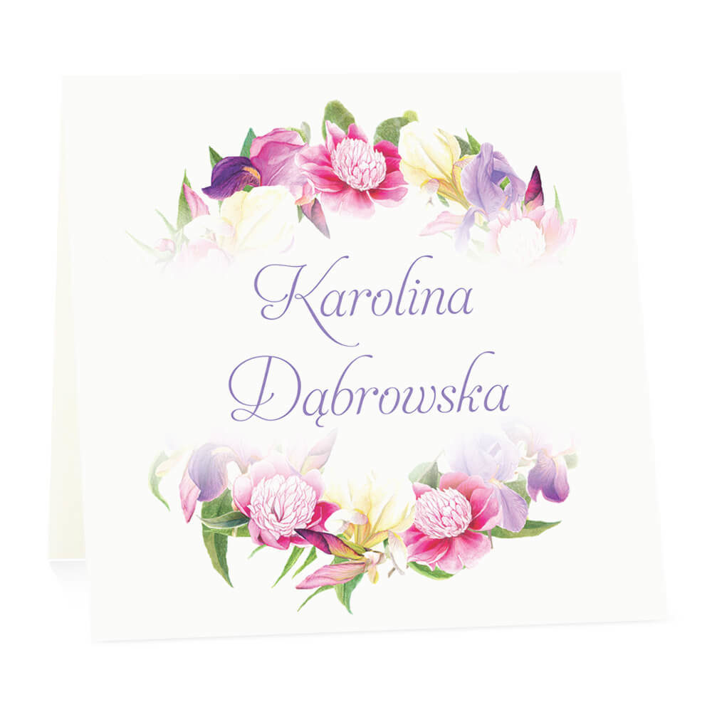 Winietka weselna na stół wizytówka podziękowanie personalizacja irysy piwonie
