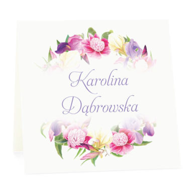 Winietka weselna na stół wizytówka podziękowanie personalizacja irysy piwonie