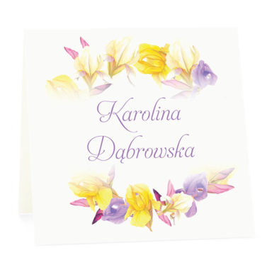 Winietka weselna na stół wizytówka podziękowanie personalizacja żółte irysy