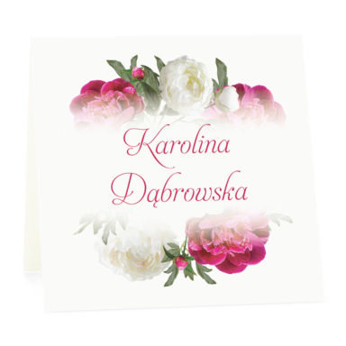 Winietka weselna na stół wizytówka podziękowanie personalizacja różowo białe piwonie