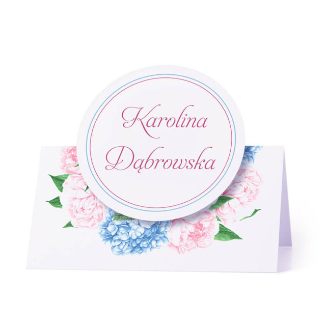 Winietka weselna na stół z motywem kwiatowym hortensja piwonia personalizacja