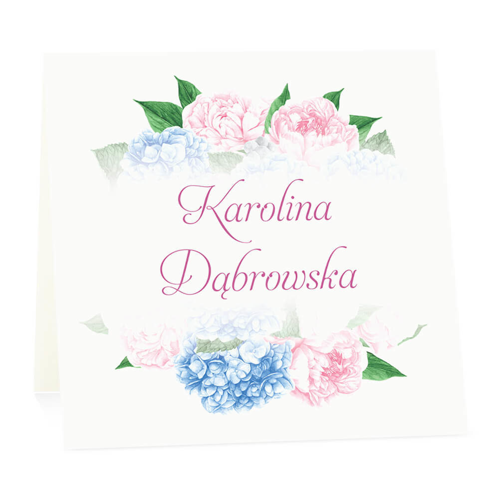 Winietka weselna na stół wizytówka podziękowanie personalizacja piwonie hortensje