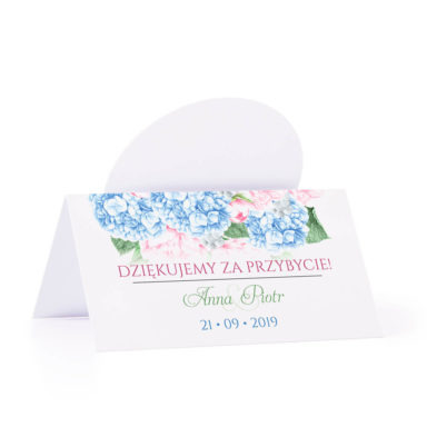 Winietka weselna na stół z motywem kwiatowym hortensja piwonia podziękowanie