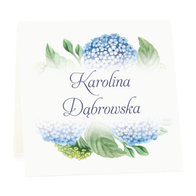 Winietka weselna na stół wizytówka podziękowanie personalizacja niebieska hortensja