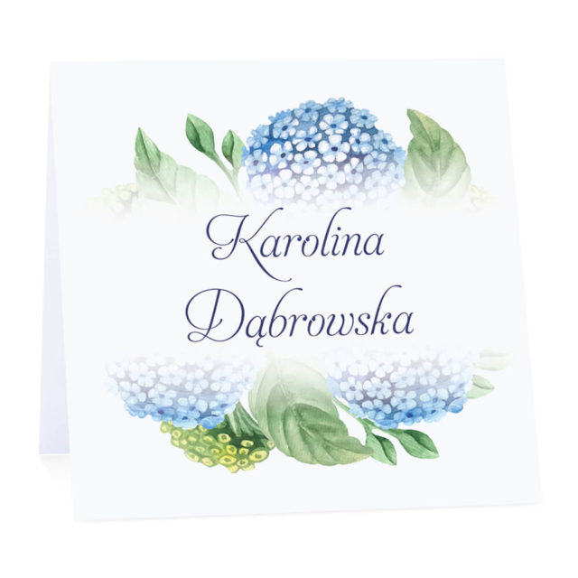 Winietka weselna na stół wizytówka podziękowanie personalizacja niebieska hortensja