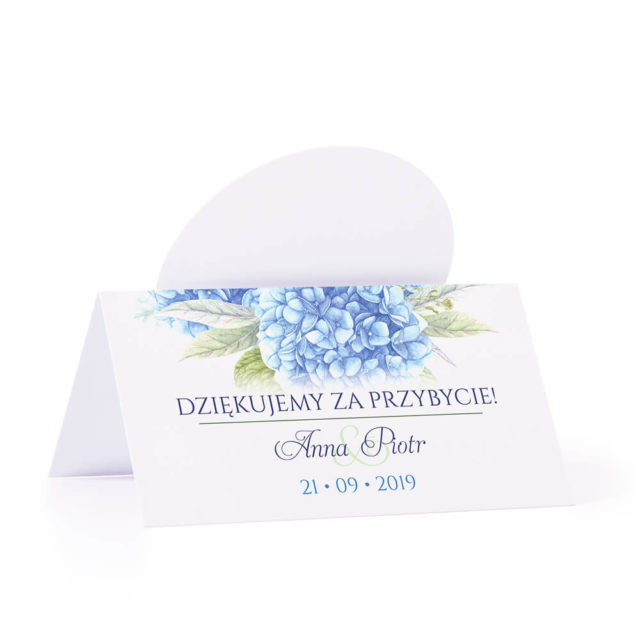 Winietka weselna na stół z motywem kwiatowym niebieska hortensja podziękowanie