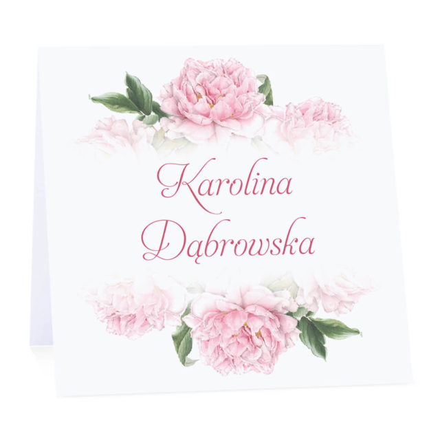 Winietka weselna na stół wizytówka podziękowanie personalizacja piwonie różowe