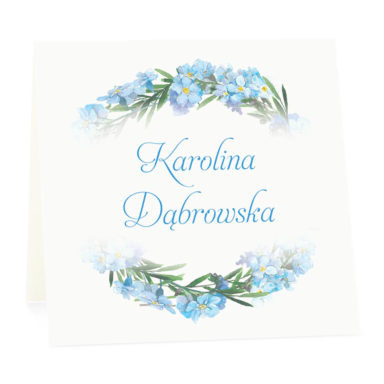 Winietka weselna na stół wizytówka podziękowanie personalizacja niebieskie niezapominajki