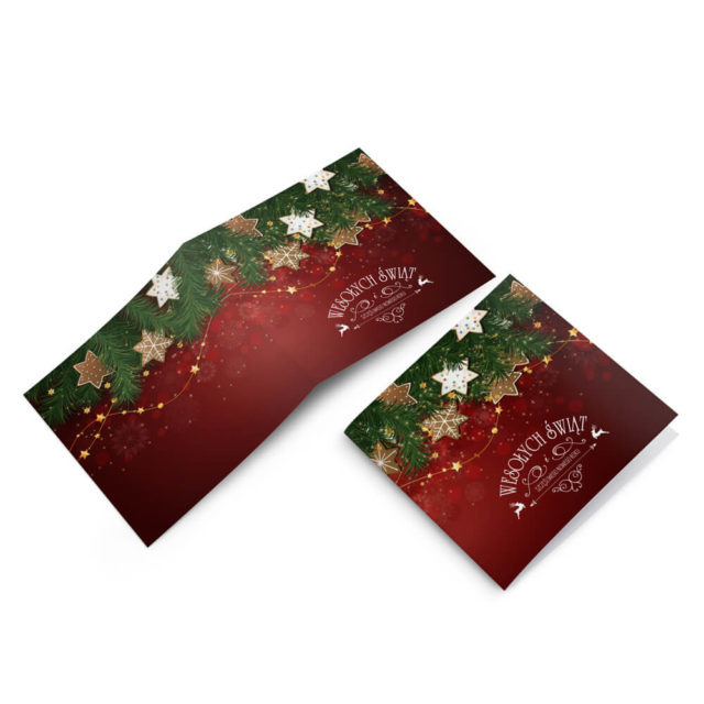 Kolorowa duża kartka świąteczna z choinką i piernikami