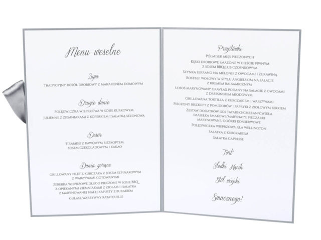 Menu do postawienia na stół weselny opis dań godziny posiłki kolorowe papier ozdobny