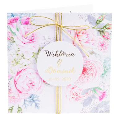 zaproszenia ślubne ze złoceniem i kwiatami róży