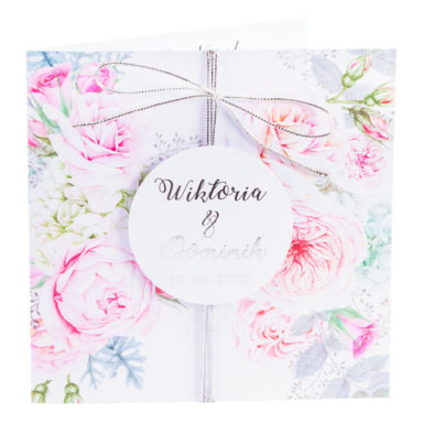 zaproszenia ślubne ze złoceniem i kwiatami róży