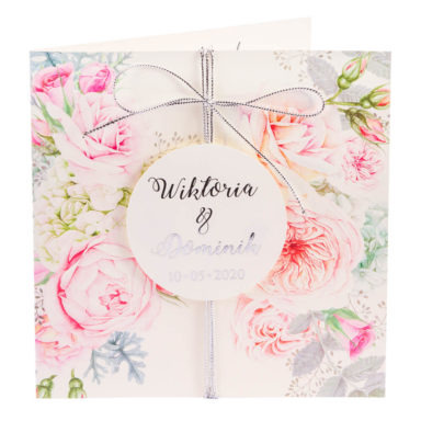 zaproszenia ślubne ze złoceniem i kwiatami róży