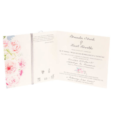 zaproszenia ślubne ze złoceniem i kwiatami róży