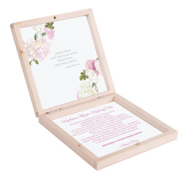 Podziękowanie w drewnianym pudełku z kwiatami Piwonii w11