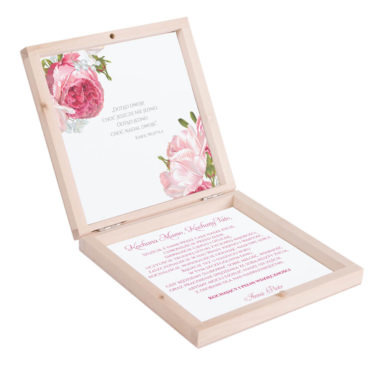 Podziękowanie w drewnianym pudełku z kwiatami Piwonii w12