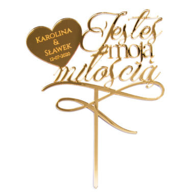 topper na tort weselny wycinany z lustra w kolorze złotym