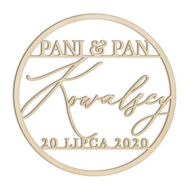 drewniana ozdoba na salę weselną koło nazwisko data