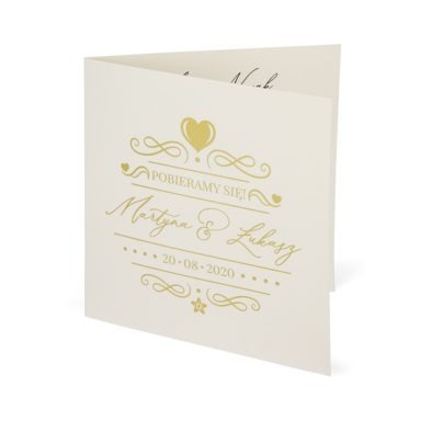 zaproszenie imiona państwa młodych data ślubu ozdobniki złocone