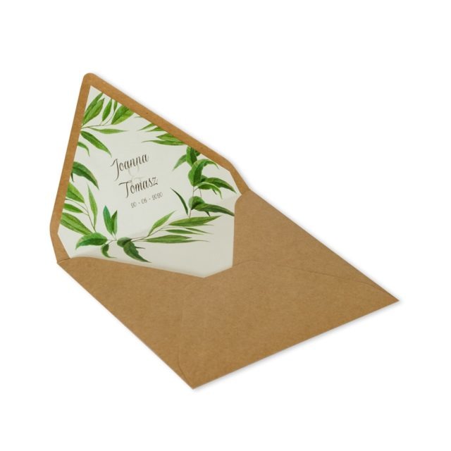 kwadratowa koperta na zaproszenie ślubne liście motyw roślinny imiona młodej pary