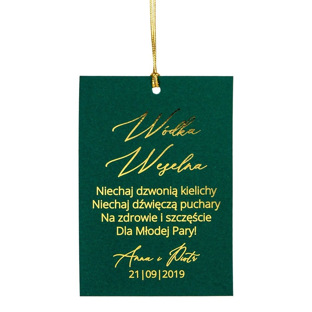 zawieszka na alkohol zielony papier złote napisy