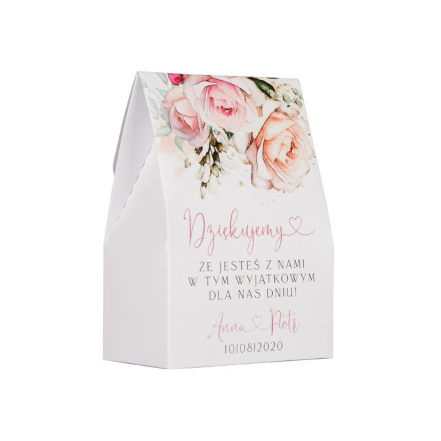 pudełeczka na słodkości dla gości weselnych z grafiką różowych kwiatów