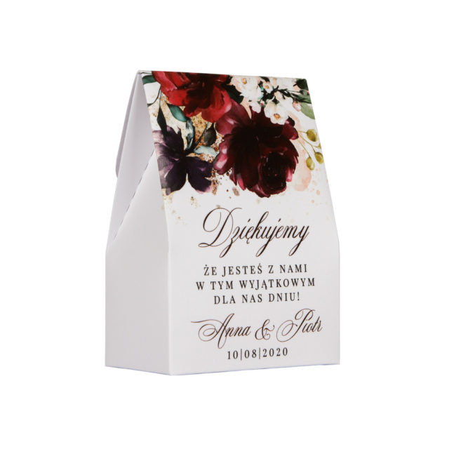 pudełeczko na słodkości weselne z nadrukiem bordowych kwiatów