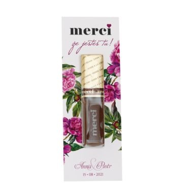 podziękowanie weselne z merci i nadrukiem imion młodej pary