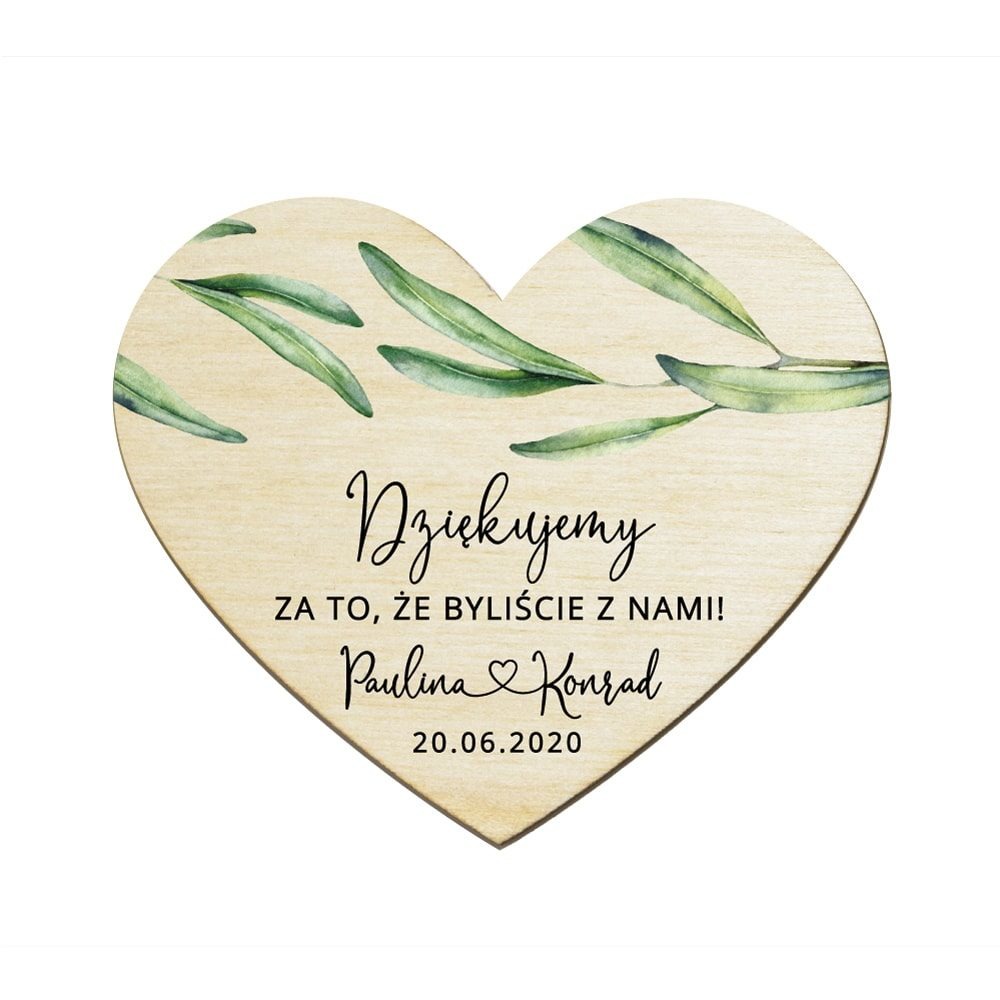 Drewniane serce magnes podziękowanie dla gości weselnych z motywem eukaliptusa
