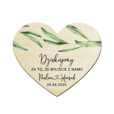 Drewniane serce magnes podziękowanie dla gości weselnych z motywem eukaliptusa
