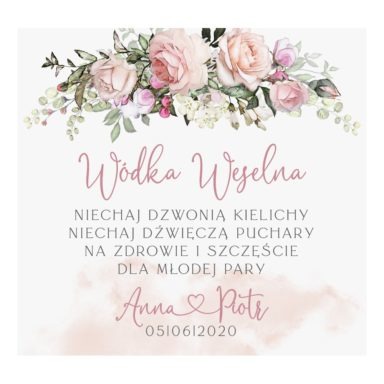 Naklejka na wódkę weselną z grafiką różowych róż