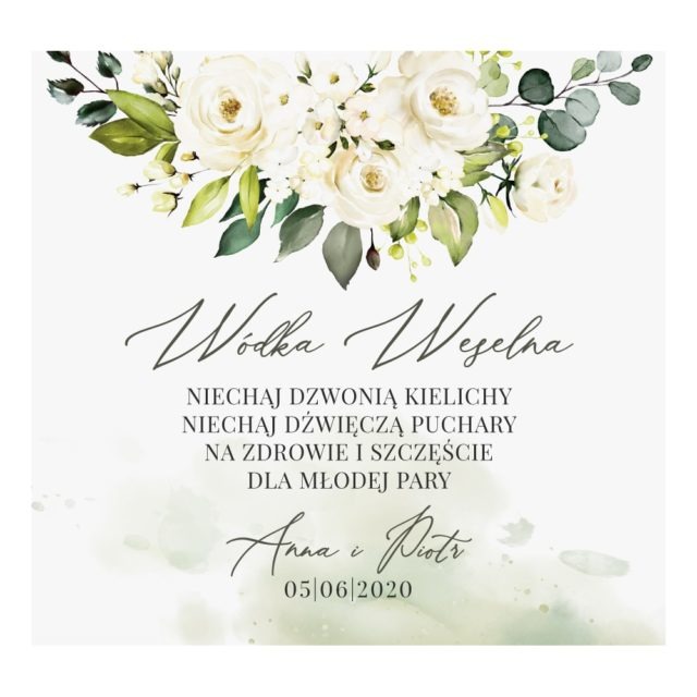 Naklejka na wódkę weselną z białymi kwiatami i zielonymi gałązkami eukaliptusa