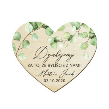 Podziękowanie za przybycie dla gości na wesele drewniany magnes z listkami eukaliptusa