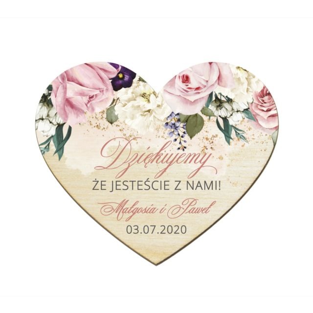 Podziękowanie dla gości weselnych magnes drewniany z różowymi kwiatami