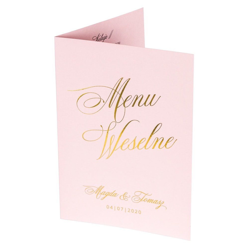 Rożowe menu weselne ze złoconym ozdobnym tekstem