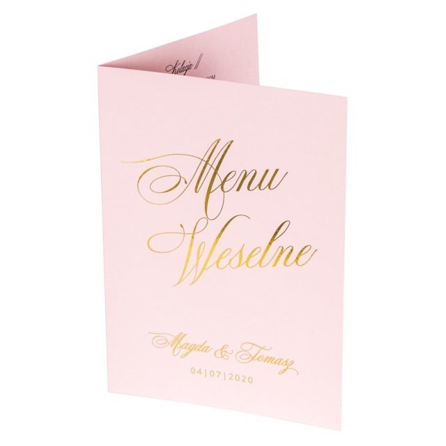 Rożowe menu weselne ze złoconym ozdobnym tekstem