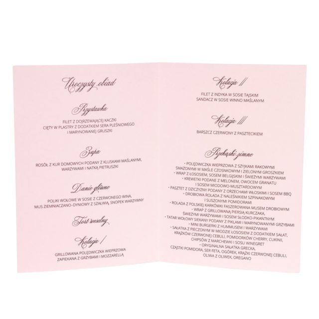 Środek menu weselnego z ozdobnymi czcionkami